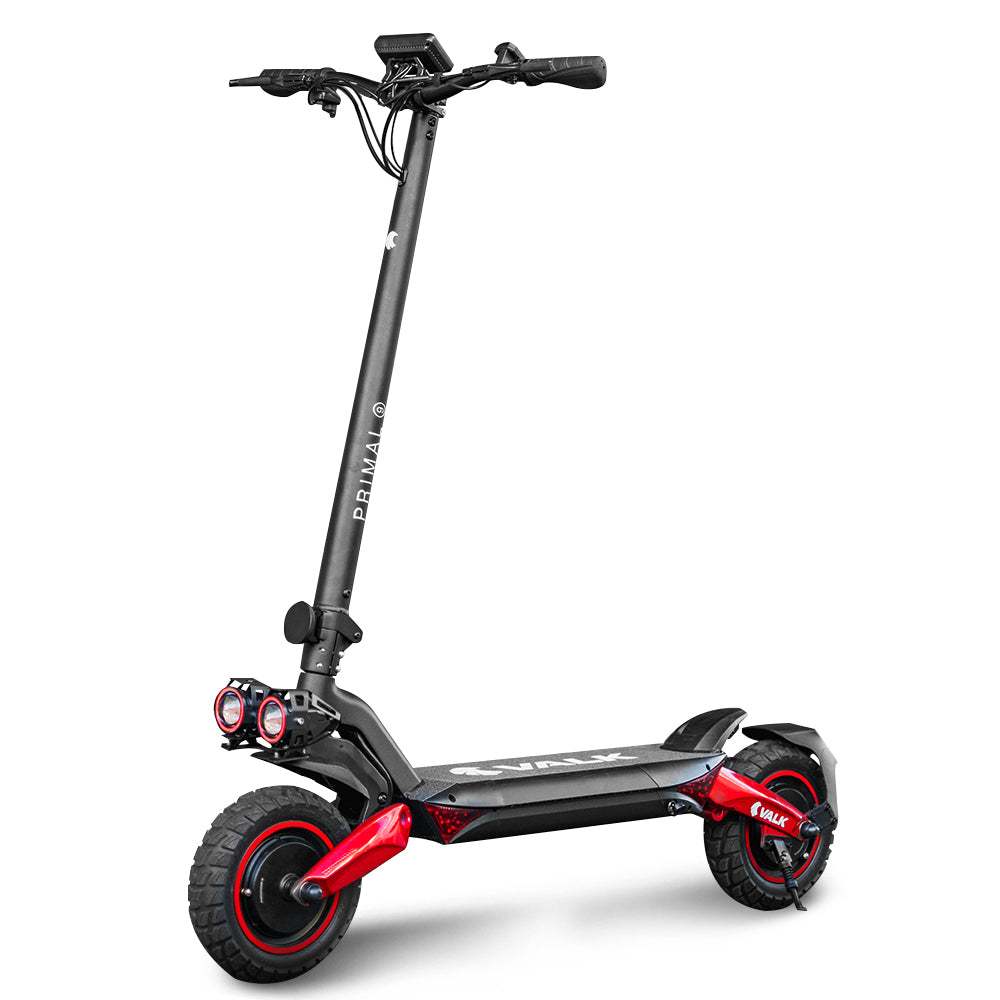 VALK Primal 9 Electric Scooter black and red dual motor 1600W foldable design with LED lights and suspension system