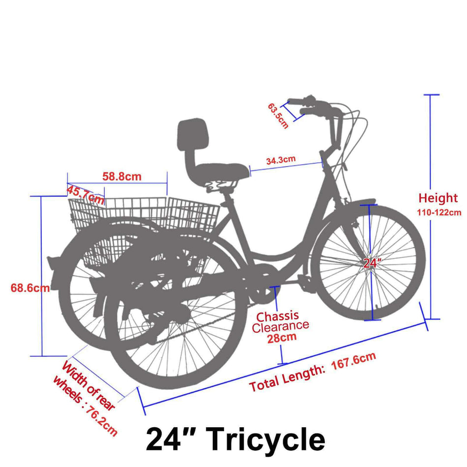 24 Inch Adult Tricycles with Basket, 7 Speed | Blue