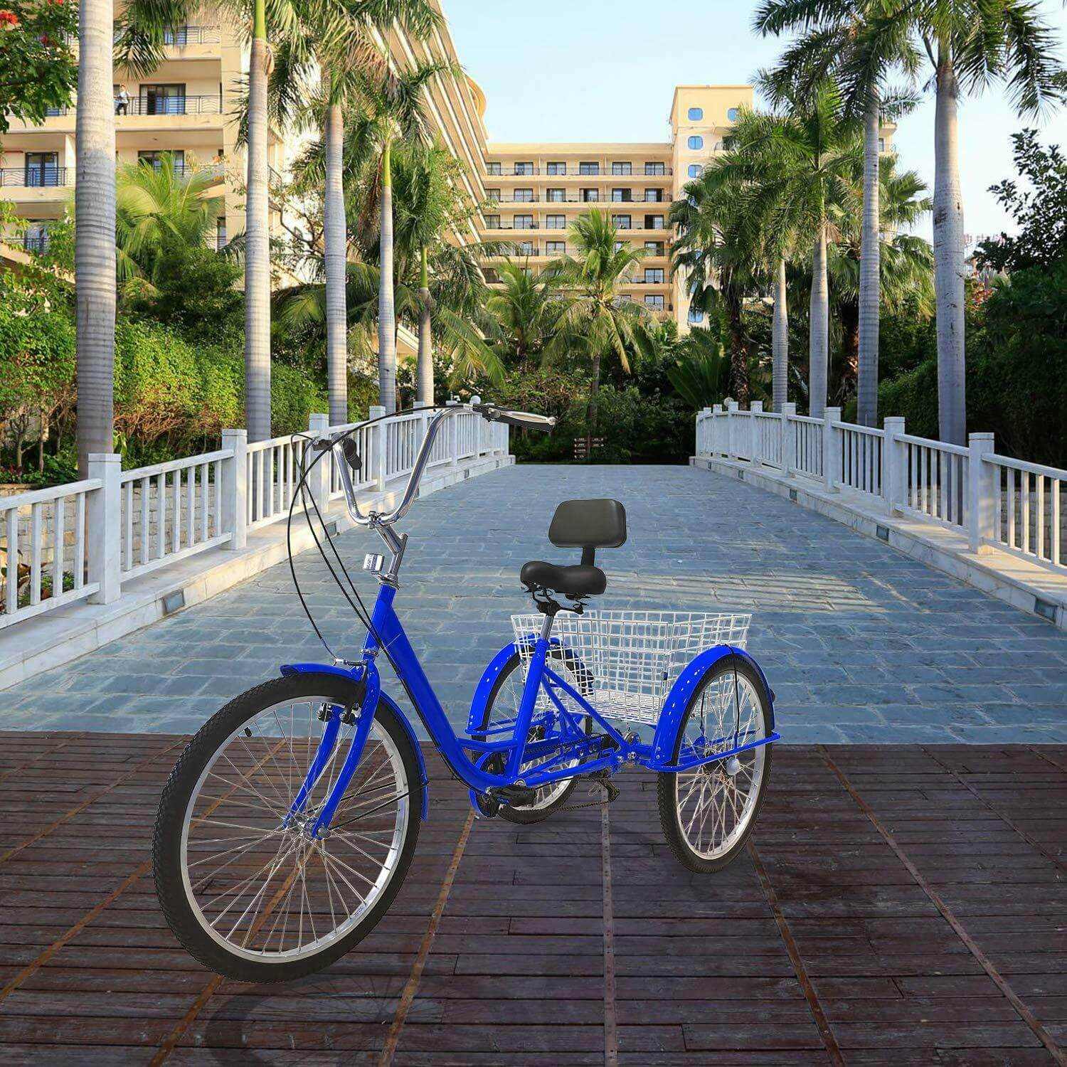 24 Inch Adult Tricycles with Basket, 7 Speed | Blue