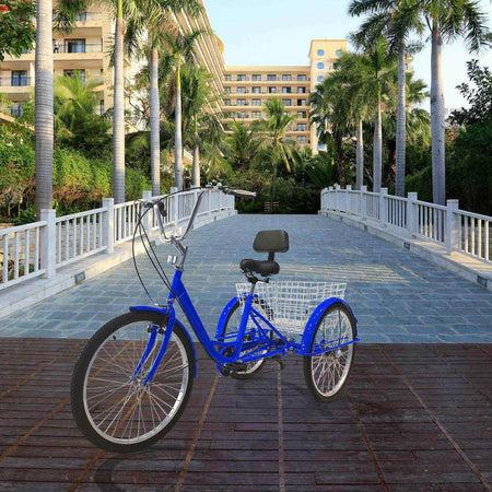 24 Inch Adult Tricycles with Basket, 7 Speed | Blue