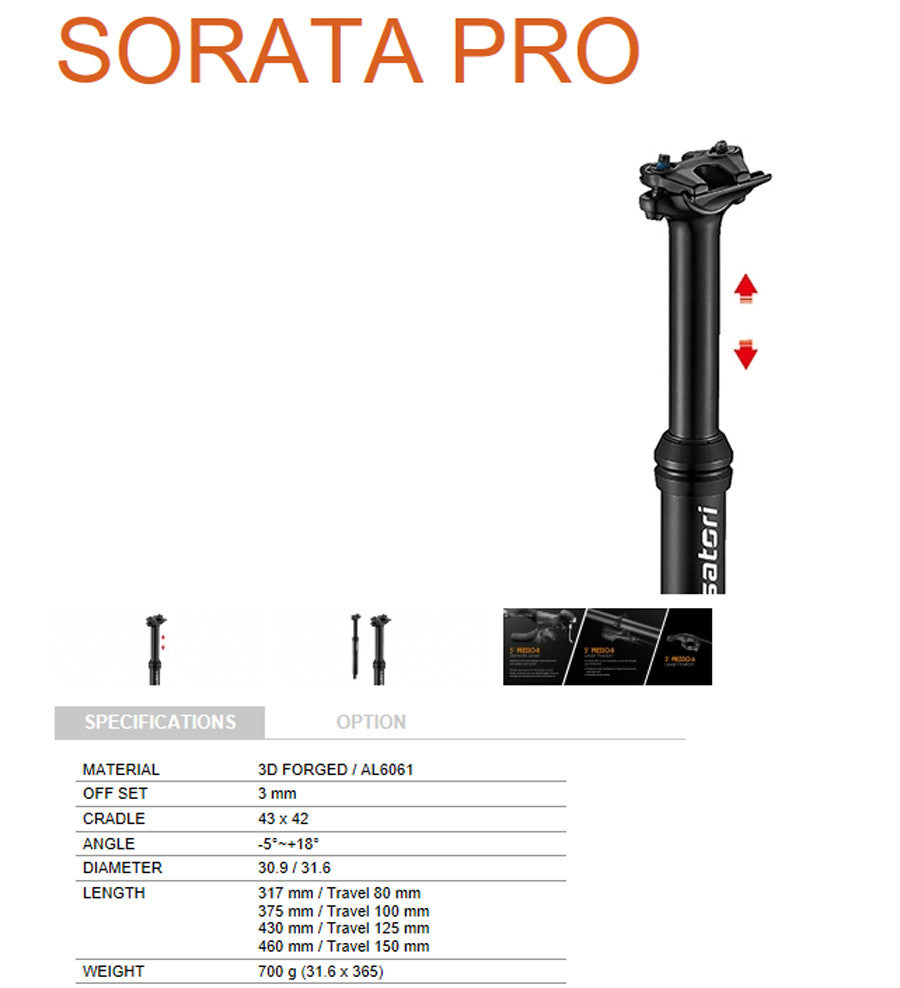 Satori Mountain Bike Pro Dropper Adjustable Seatpost Internal Cable 31.6 Diameter 100mm Travel-BicycleLab.com.au