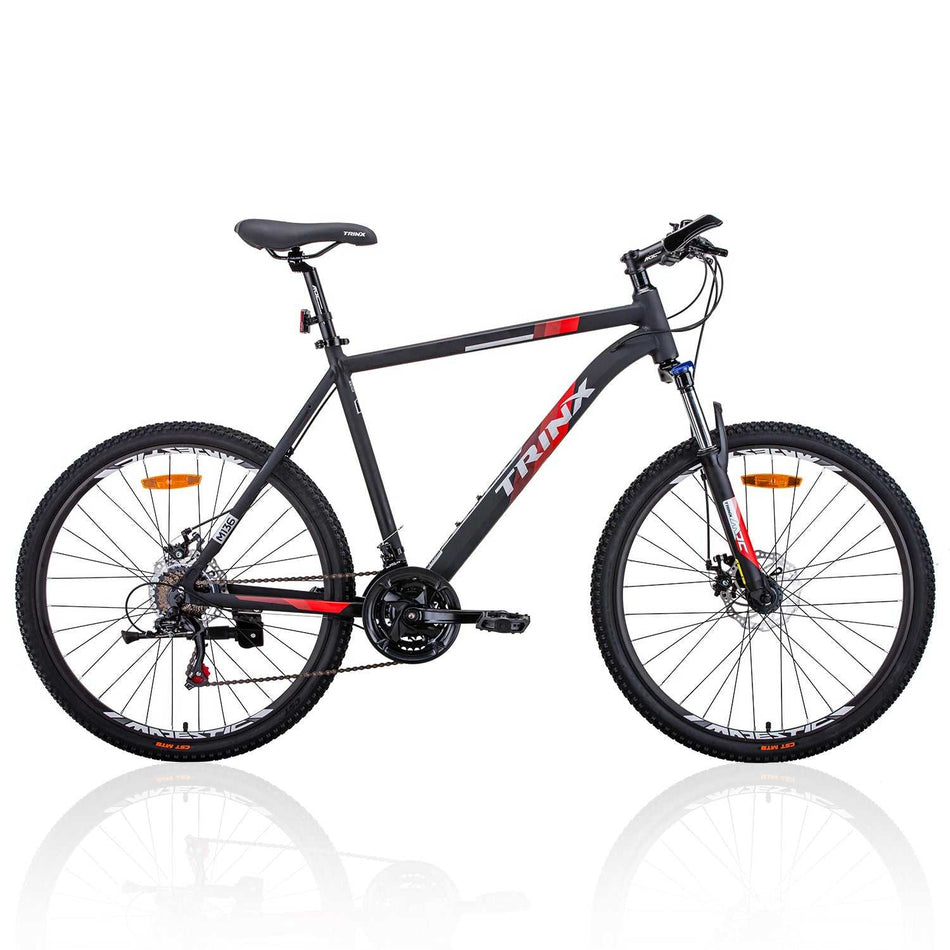 Mens Mechanical Disc Brake Mountain Bike with 21 Speed | Matt Black White/Red