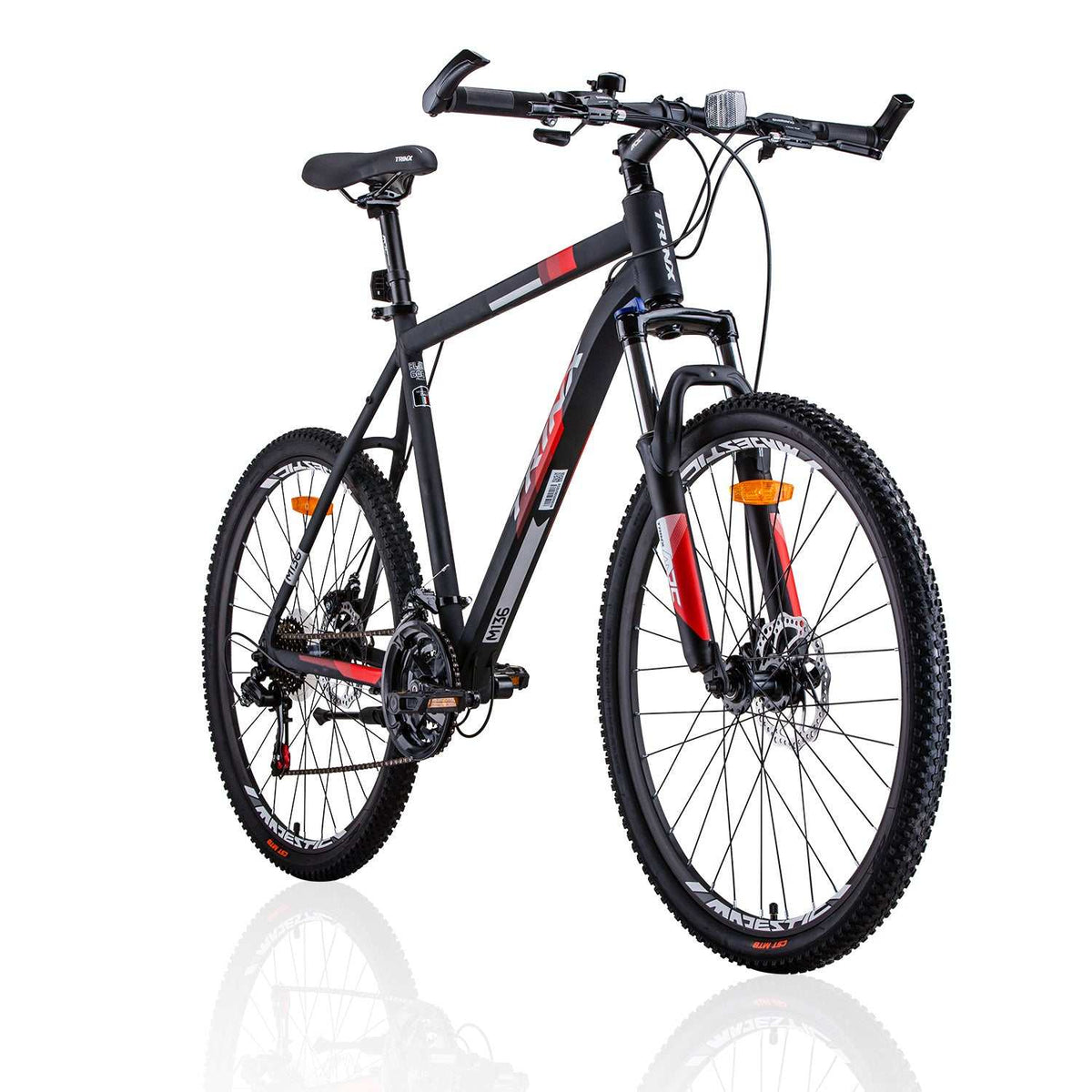 Mens Mechanical Disc Brake Mountain Bike with 21 Speed | Matt Black White/Red