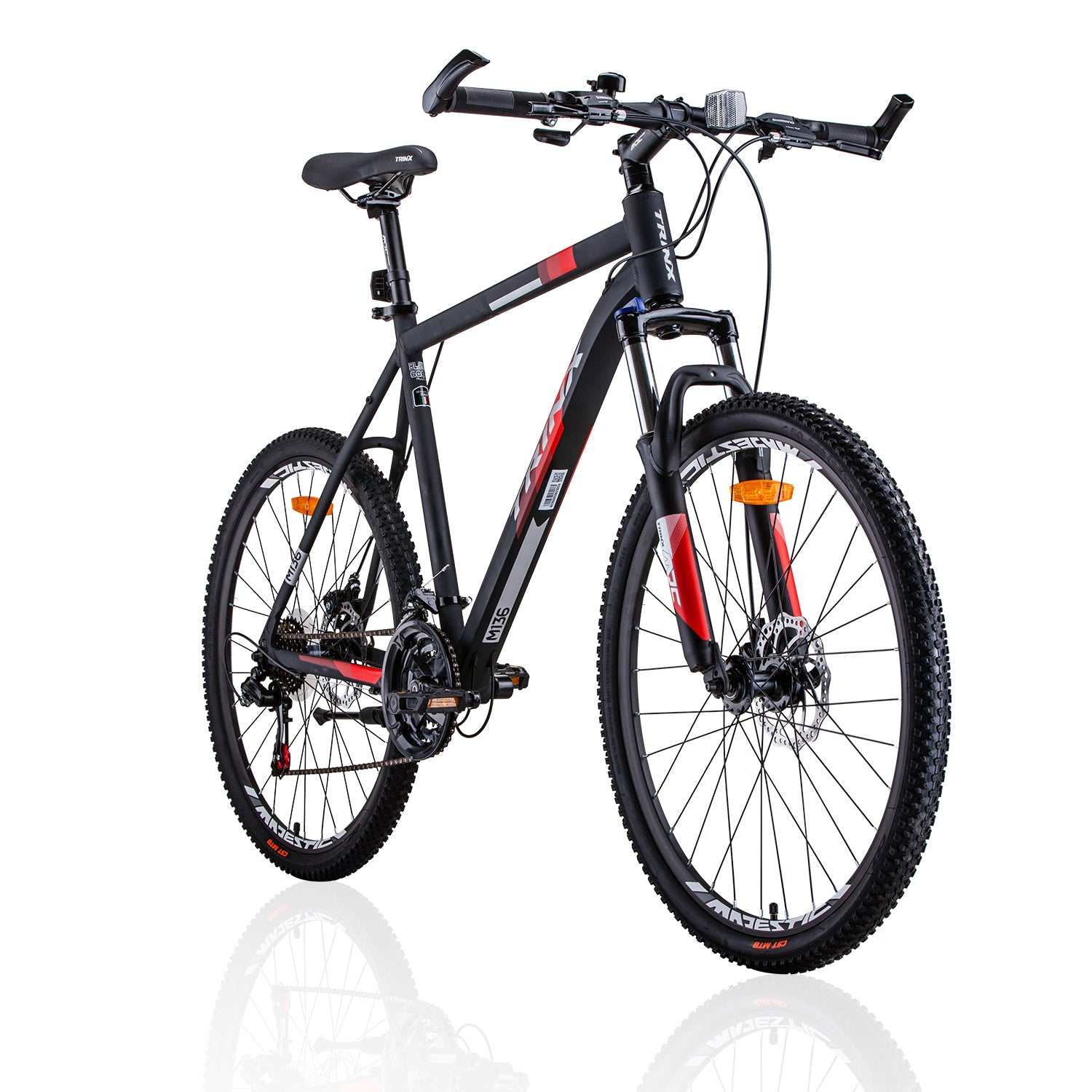 Mens Mechanical Disc Brake Mountain Bike with 21 Speed | Matt Black White/Red