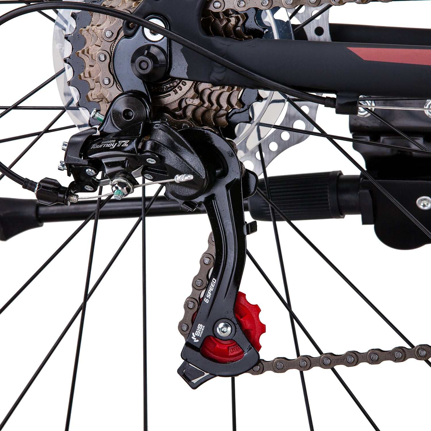 Mens Mechanical Disc Brake Mountain Bike with 21 Speed | Matt Black White/Red