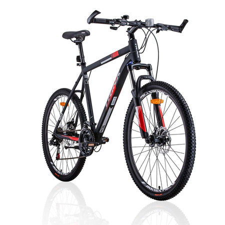 26 inch Mountain Bike with Suspension | Matt Black White/Red