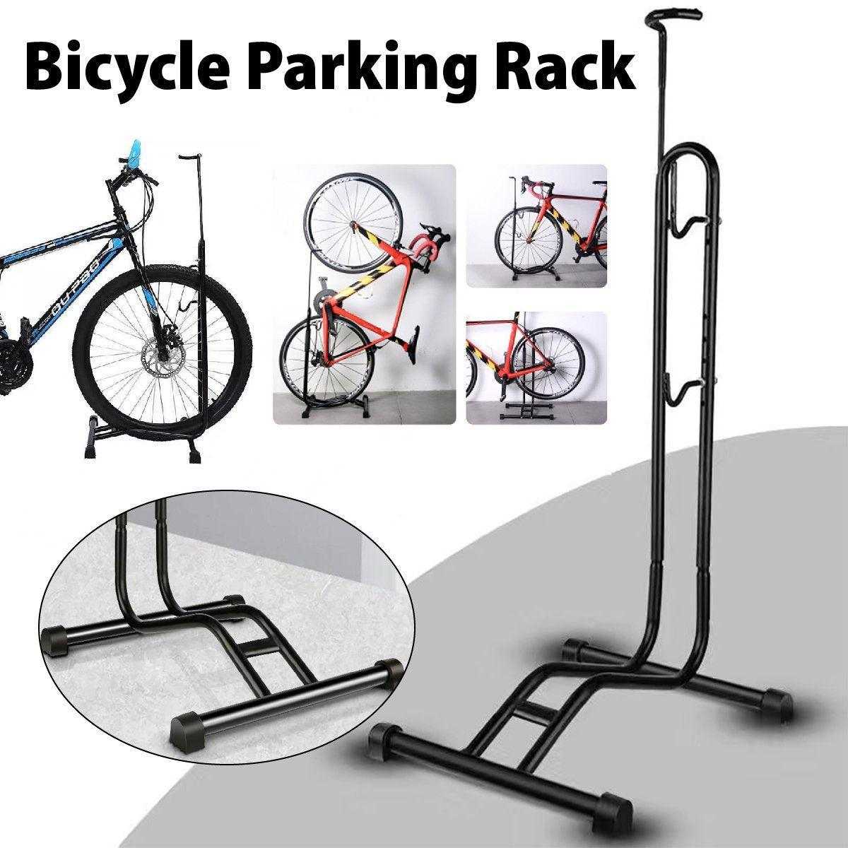 Black L-shaped mountain bicycle stand parking rack made of high-carbon steel with adjustable hooks and non-slip base