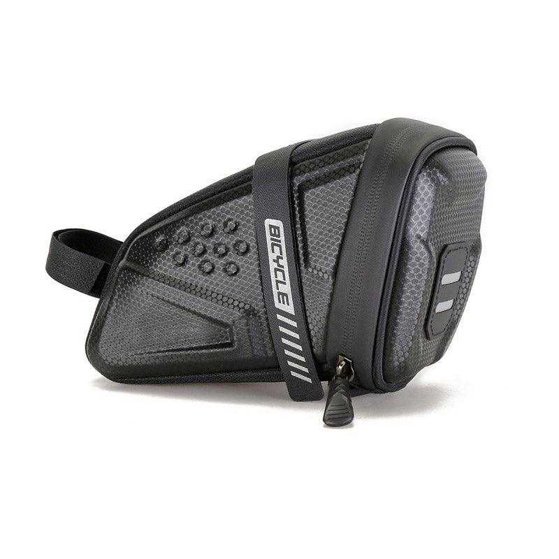 Black bicycle tail bag with EVA hard shell and reflective logo attached to bike saddle