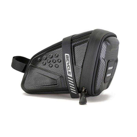 Black bicycle tail bag with EVA hard shell and reflective logo attached to bike saddle