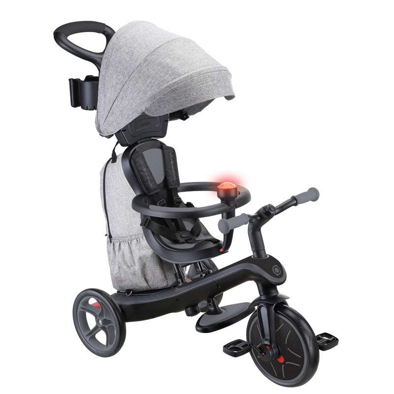Globber EXPLORER Trike 4in1 Deluxe Play black and grey baby tricycle with canopy and parent handle