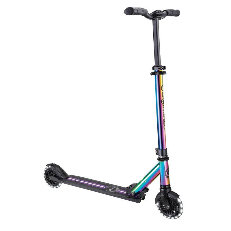 Globber FLOW ELEMENT LIGHTS Neochrome 2-wheel folding scooter with black deck and light-up wheels