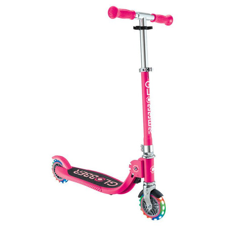 Pastel pink Globber FLOW FOLDABLE JUNIOR kids scooter with LED lights and adjustable T-bar