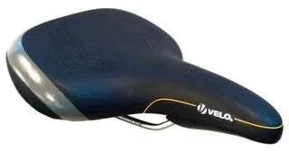 Black Velo Saddle for e-bike with ergonomic design, integrated handle, and protective bumper