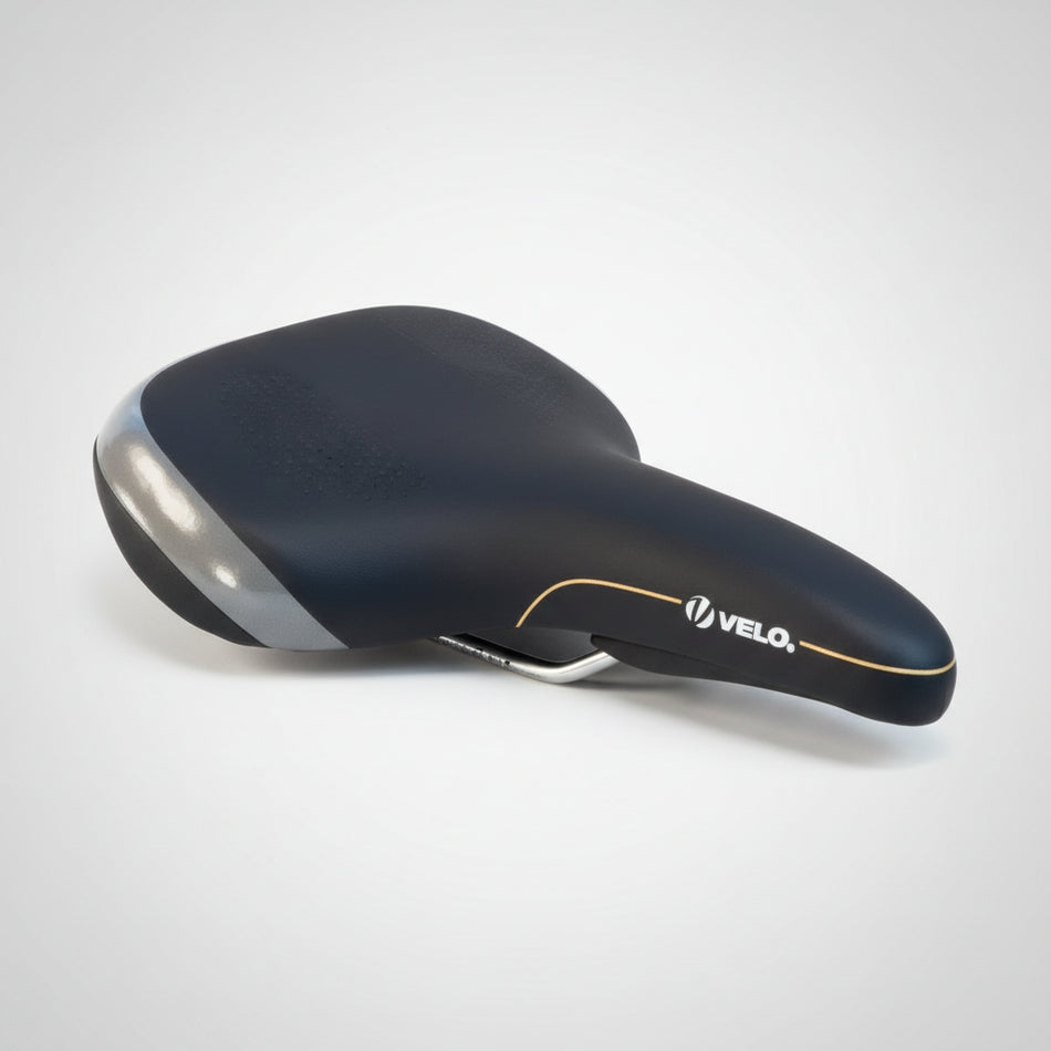 Black Velo Saddle for e-bike with ergonomic design, integrated handle, and protective bumper