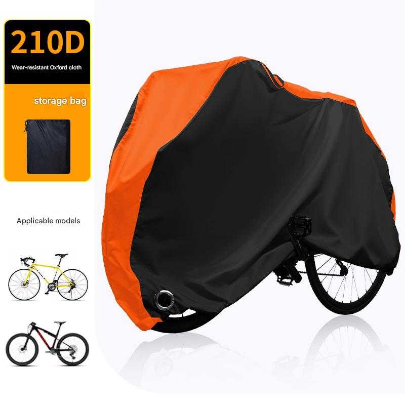 Black and orange all-weather 210D bicycle cover with lock holes and storage bag