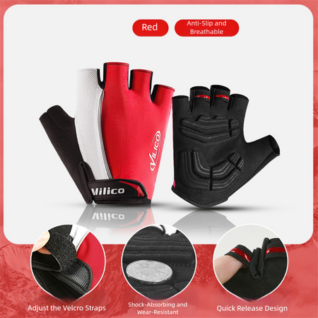 Size M red padded half-finger cycling gloves with adjustable wrist strap and breathable mesh back