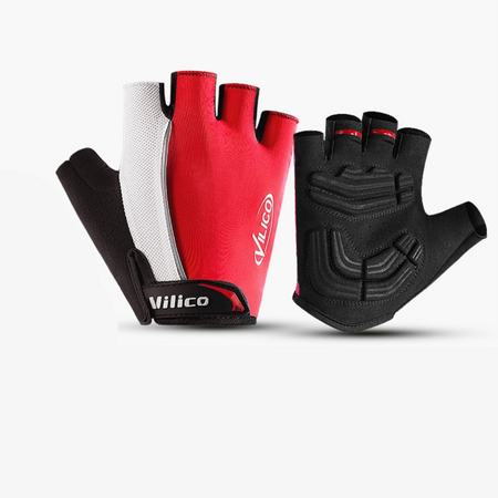 Size M red padded half-finger cycling gloves with breathable mesh and adjustable wrist strap