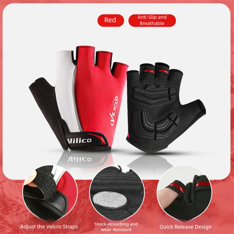 Size XL red padded half-finger cycling gloves with breathable mesh and adjustable wrist strap