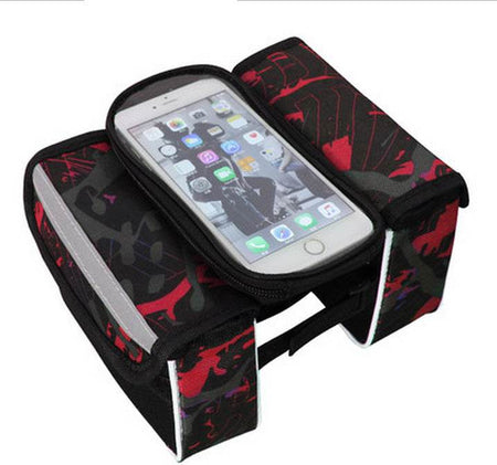Red bicycle top tube frame bag with detachable touchscreen phone pouch and dual side compartments