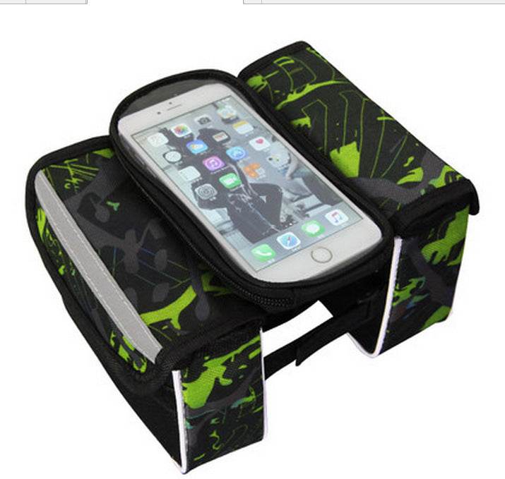 Green bicycle top tube frame bag with detachable touchscreen phone pouch and dual side storage compartments