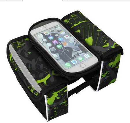 Green bicycle top tube frame bag with detachable touchscreen phone pouch and dual side storage compartments