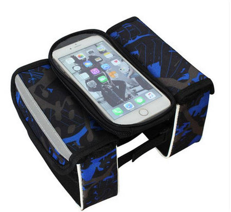 Blue bicycle top tube frame bag with detachable touchscreen phone pouch and dual side storage compartments