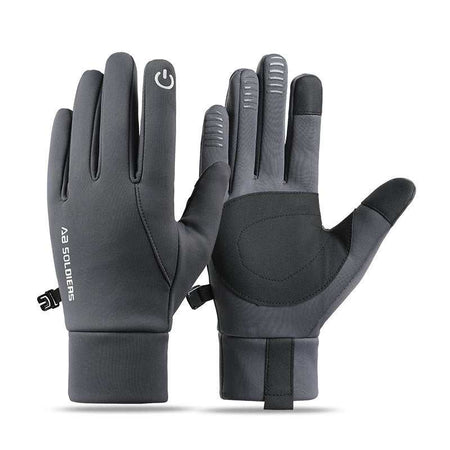 Black winter thermal gloves with touchscreen fingertips and anti-slip grips