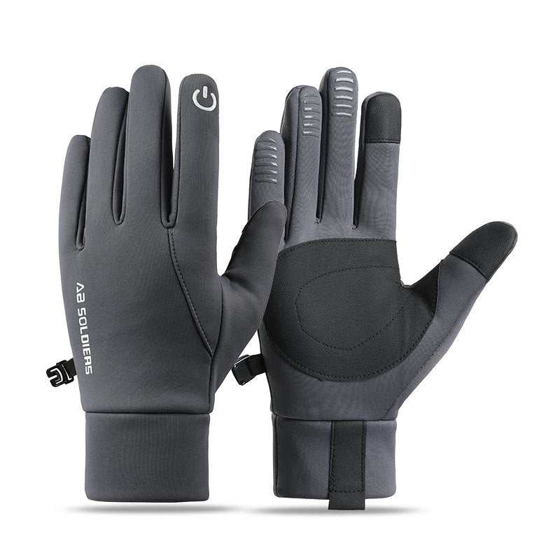Pair of black winter thermal gloves with touchscreen fingertips and anti-slip palm.