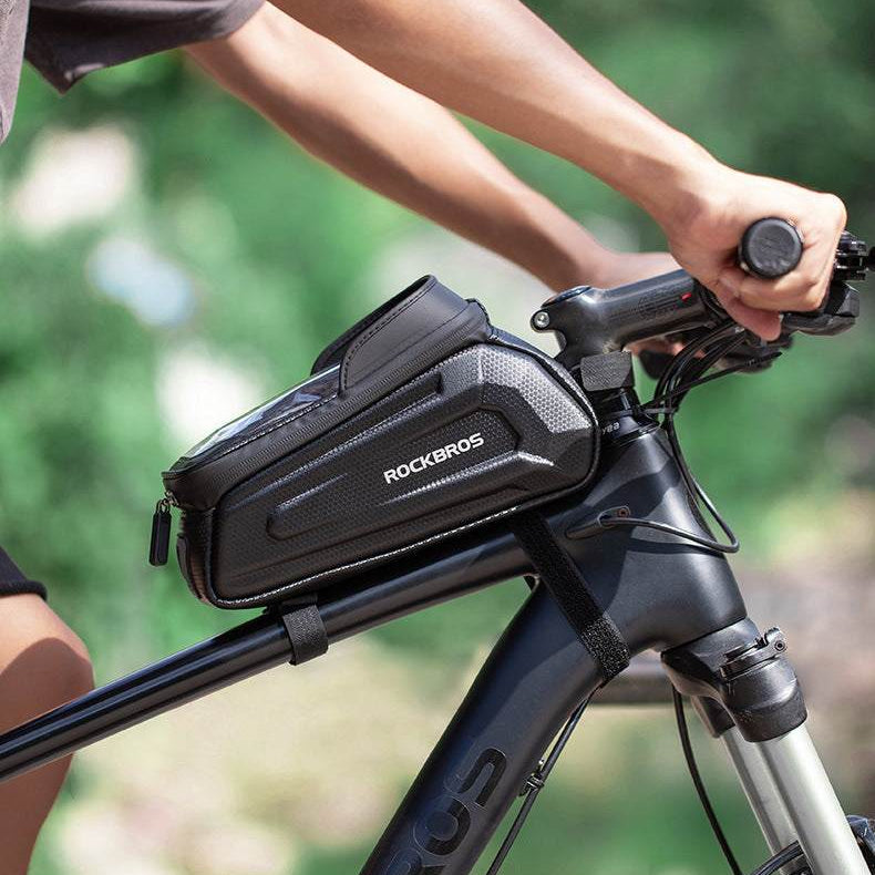 ROCKBROS hard shell bike top tube bag with TPU touchscreen phone holder in black, 1.7L capacity