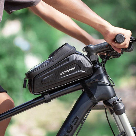 ROCKBROS hard shell bike top tube bag with TPU touchscreen phone holder in black, 1.7L capacity