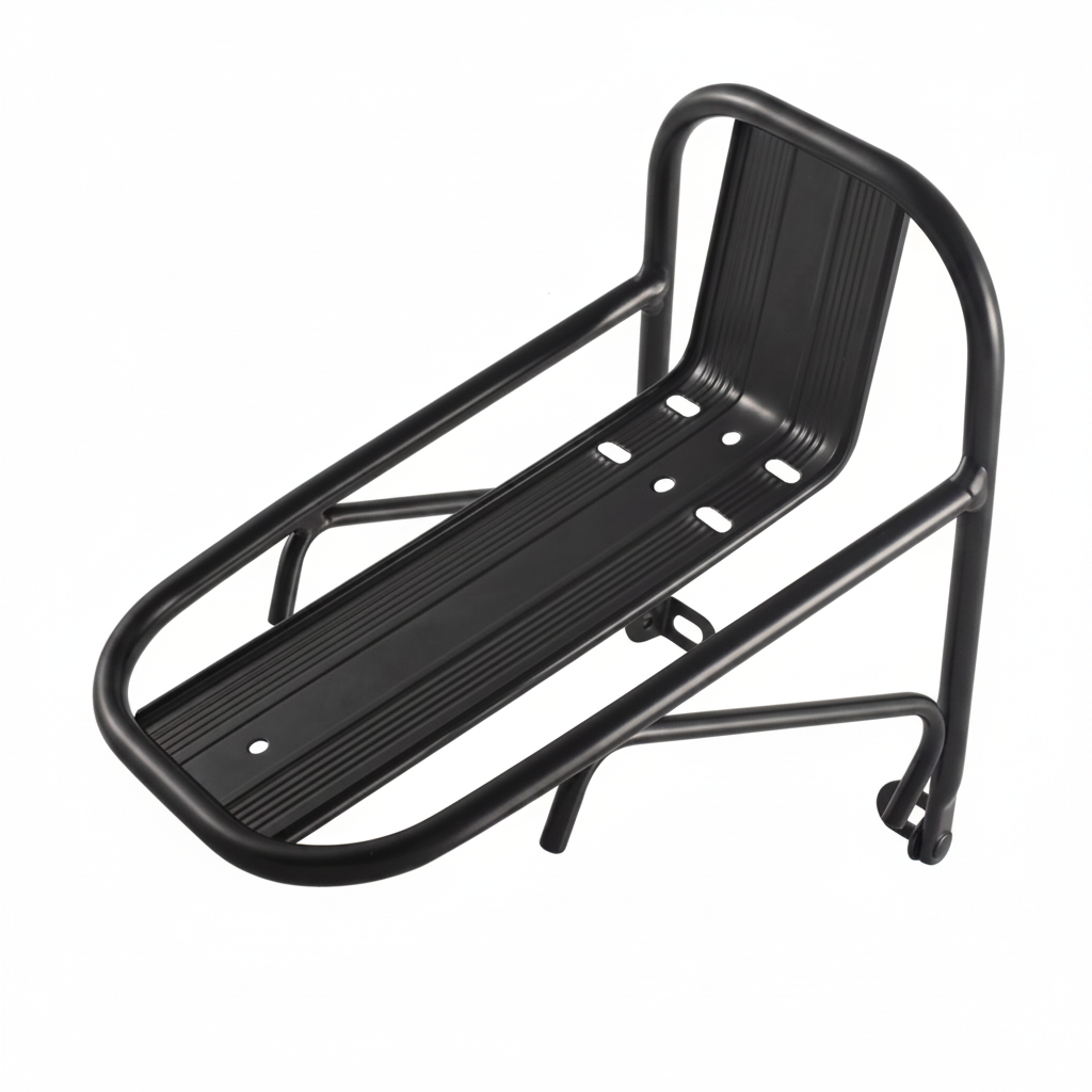 Universal aluminium bicycle front rack with adjustable hose clamps for fork mount cargo carrying