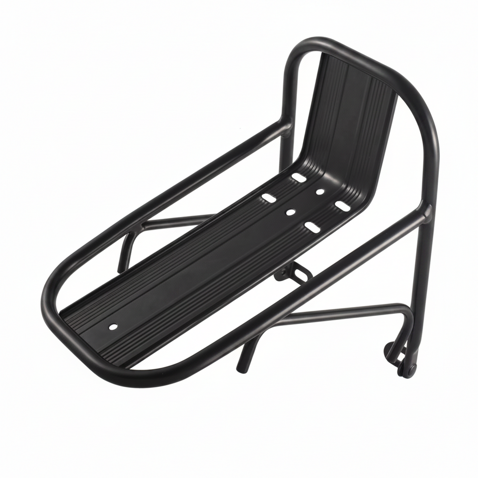 Universal aluminium bicycle front rack with adjustable hose clamps for fork mount cargo carrying