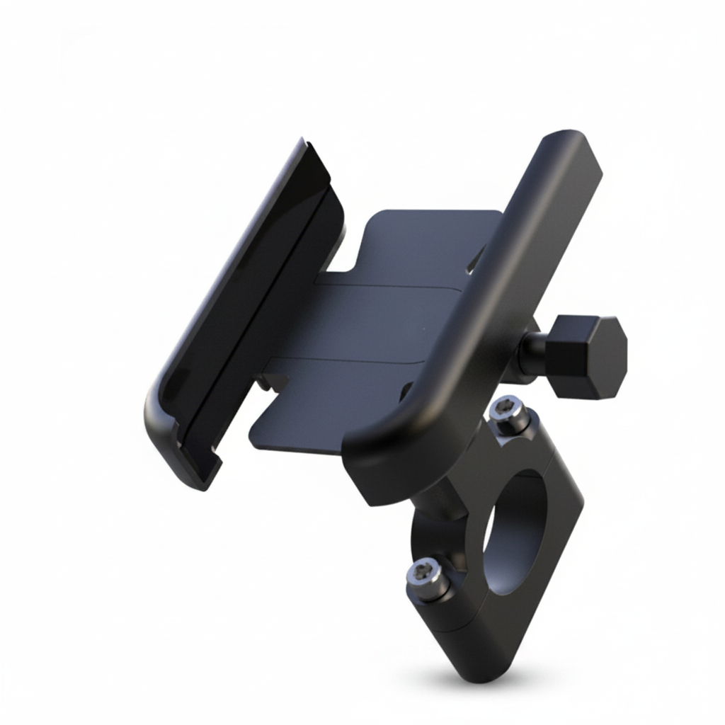 Black universal motorcycle phone holder mounted on handlebar with CNC aluminium construction and 360-degree rotation