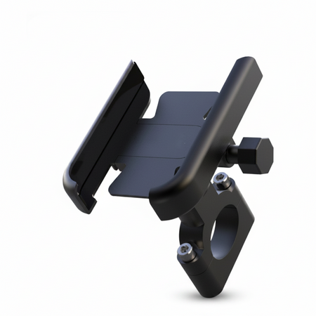 Black universal motorcycle phone holder mounted on handlebar with CNC aluminium construction and 360-degree rotation