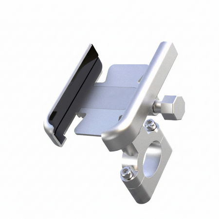 Universal aluminium motorcycle phone holder mounted on bike handlebar with adjustable clamp and 360-degree rotation