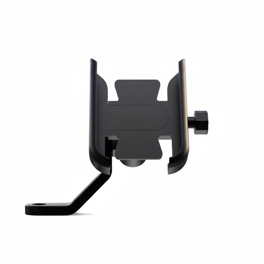 Universal aluminium motorcycle phone holder mounted on rearview mirror stem bolt