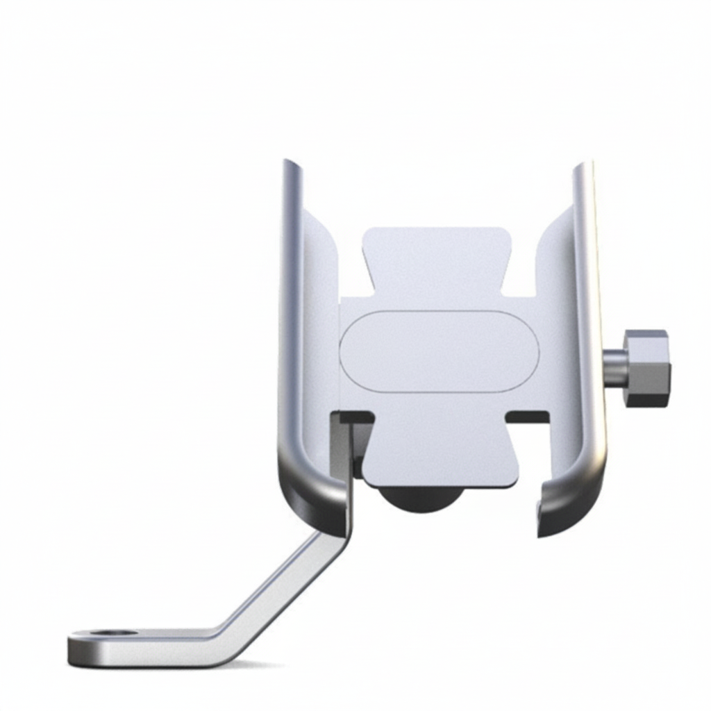 Universal aluminium motorcycle phone holder mounted under rearview mirror stem on a bike handlebar