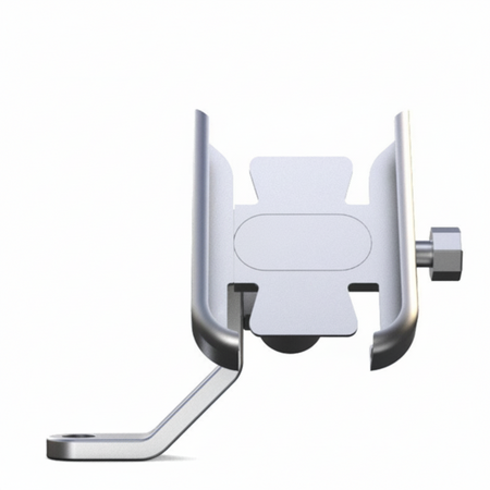 Universal aluminium motorcycle phone holder mounted under rearview mirror stem on a bike handlebar