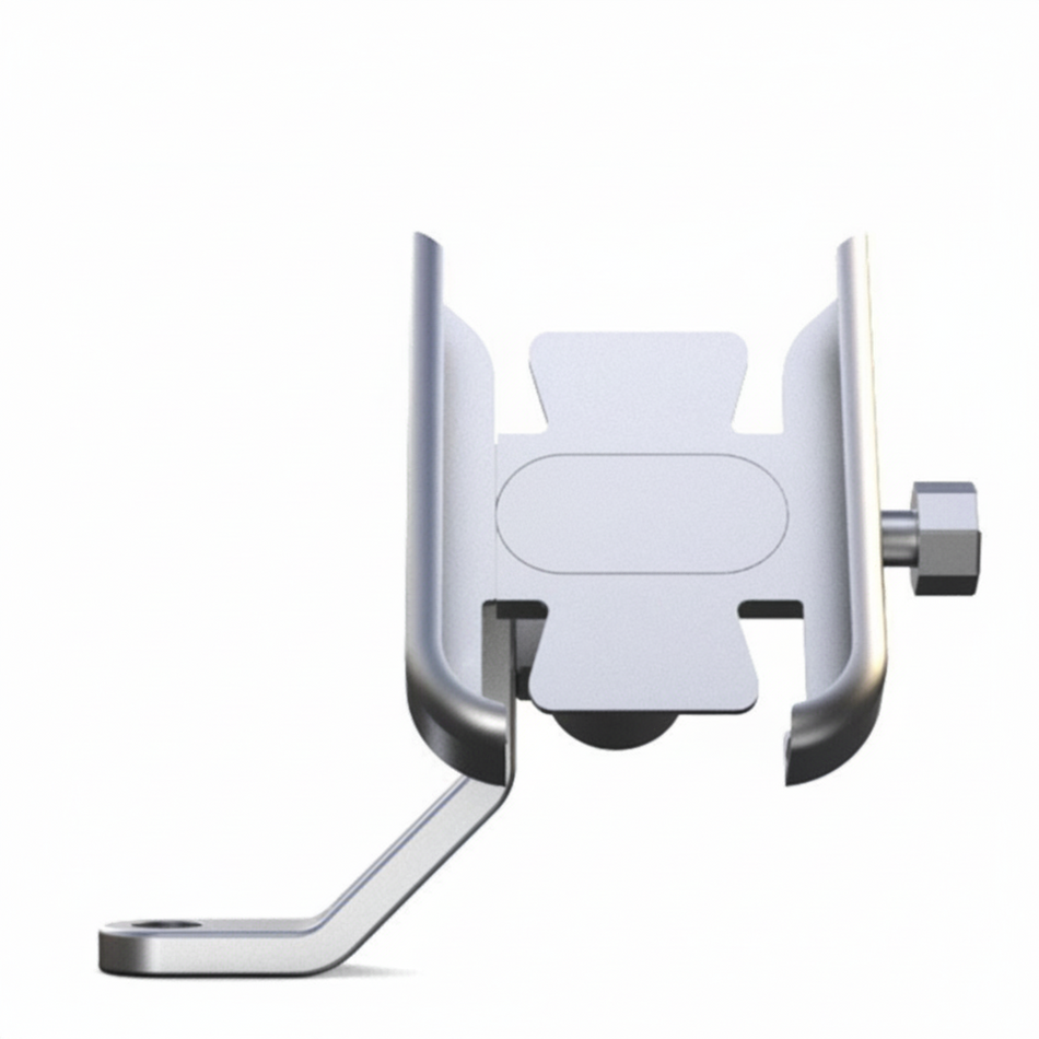 Universal aluminium motorcycle phone holder mounted under rearview mirror stem on a bike handlebar