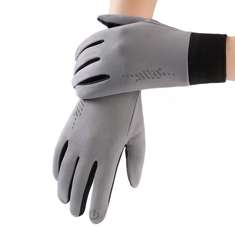 Grey windproof thermal sports gloves with touchscreen fingertips, anti-slip palm, and wrist-tighten style in XL size