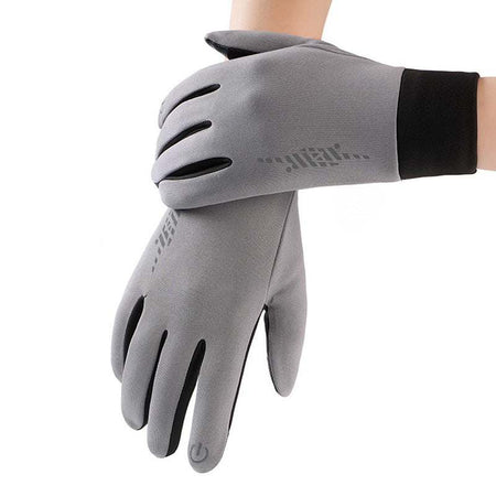 Grey windproof thermal sports gloves with touchscreen fingertips, anti-slip palm, and wrist-tighten style in XL size
