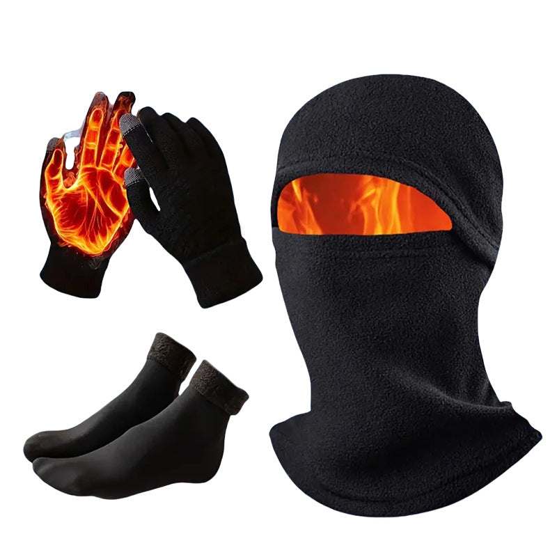 3-in-1 Black Winter Windproof and Thermal Sport Gear - Fleece Balaclava Hood, Touchscreen Gloves & Insulated Socks