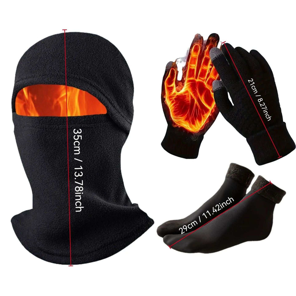 3-in-1 Black Winter Windproof and Thermal Sport Gear - Fleece Balaclava Hood, Touchscreen Gloves & Insulated Socks