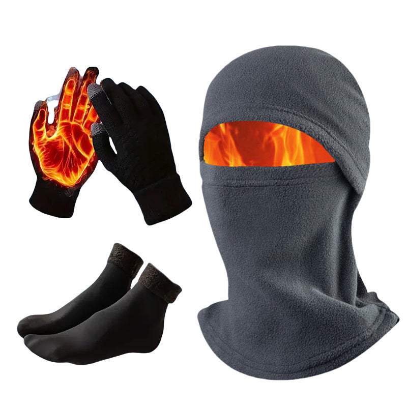 3-in-1 Grey Winter Windproof and Thermal Sport Gear - Fleece Balaclava Hood, Touchscreen Gloves & Insulated Socks