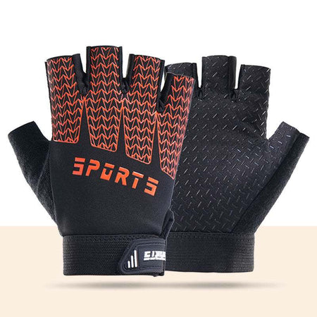 Black and red breathable half-finger cycling gloves for kids with silicone grip and shock-absorbing padding