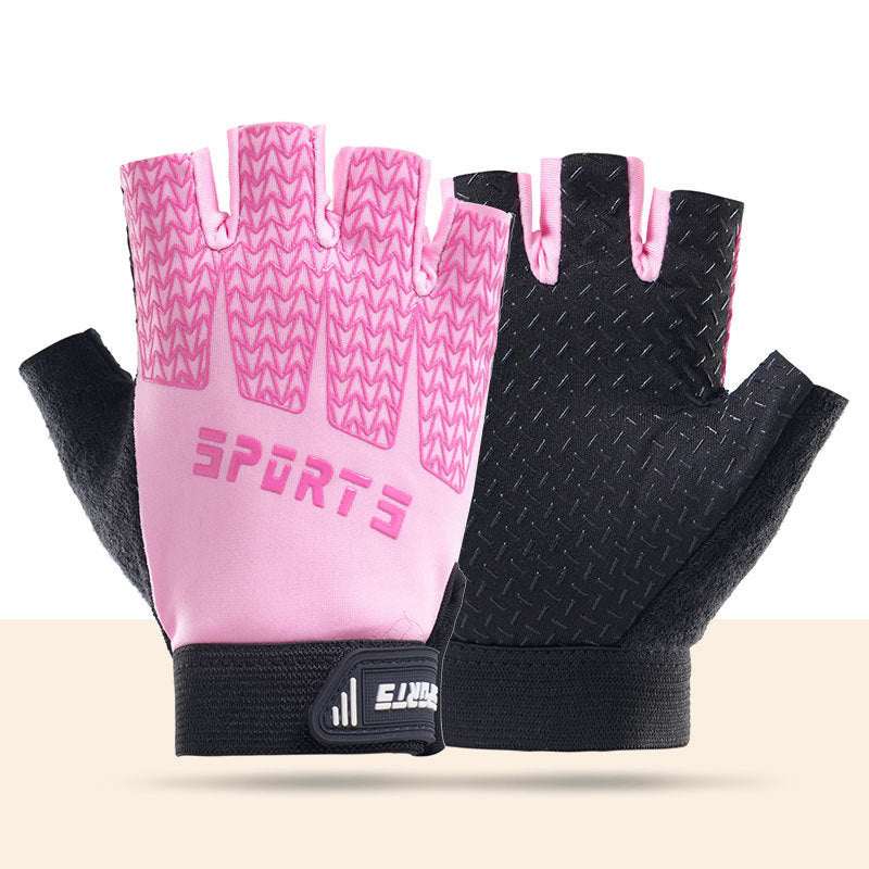 Black and pink breathable half-finger cycling gloves for kids with silicone grip and cooling ice silk fabric