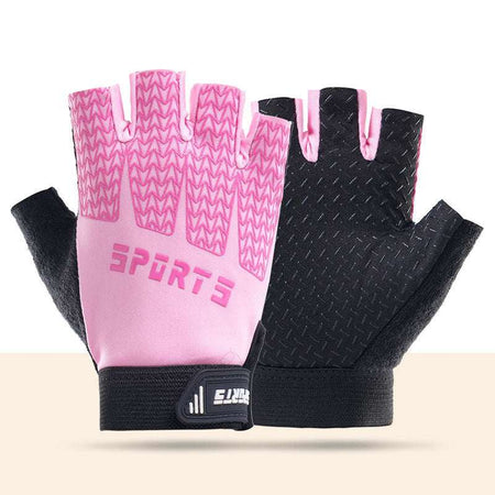 Black and pink breathable half-finger cycling gloves for kids with silicone grip and cooling fabric, size M