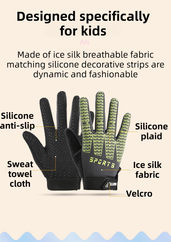Black and Green Breathable Cycling Gloves for Kids - Non-Slip Silicone Grip, Ice Silk & Shock-Absorbing Sports Mitts (M Size)