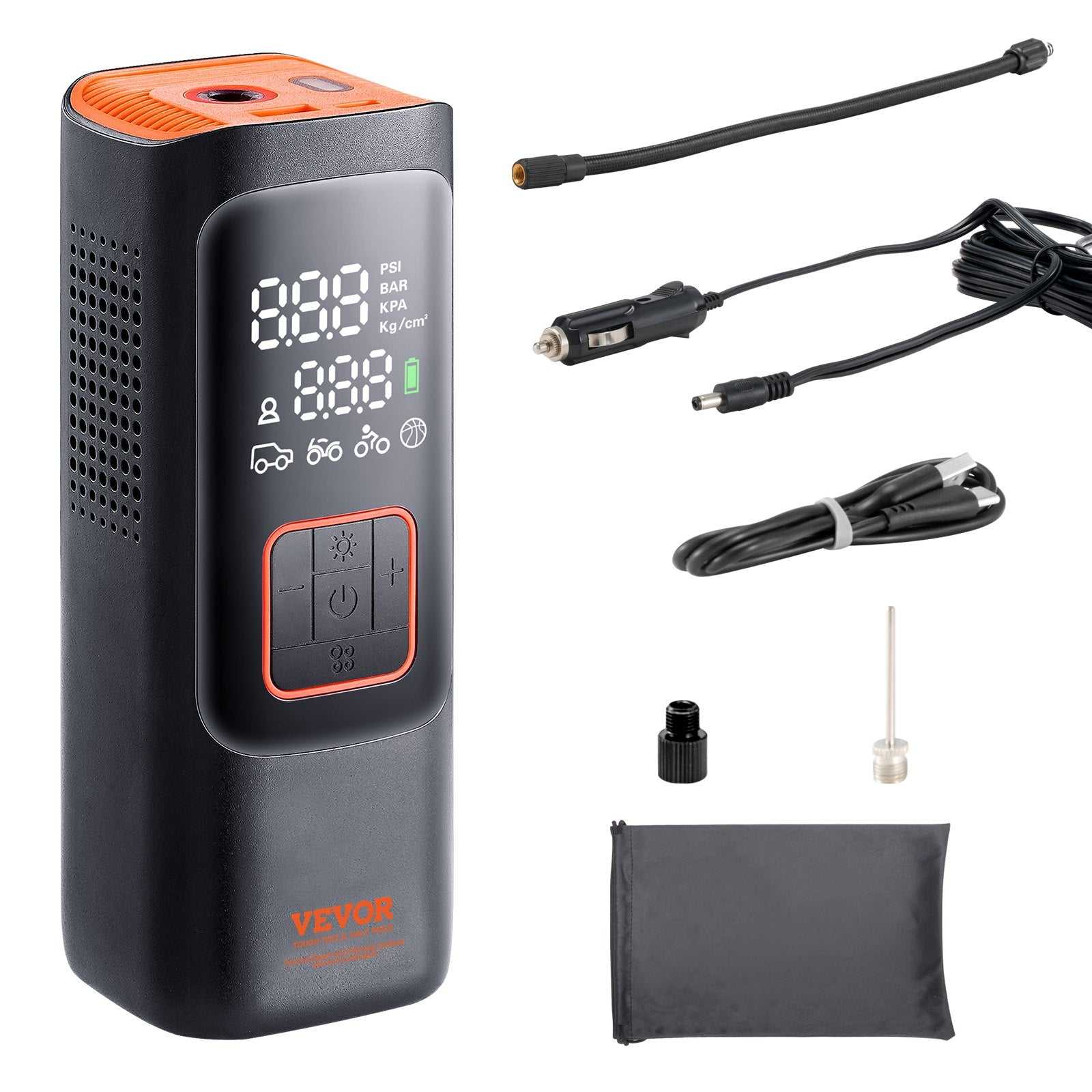 VEVOR Tire Inflator portable air compressor with LCD gauge and LED light for car and bike tires