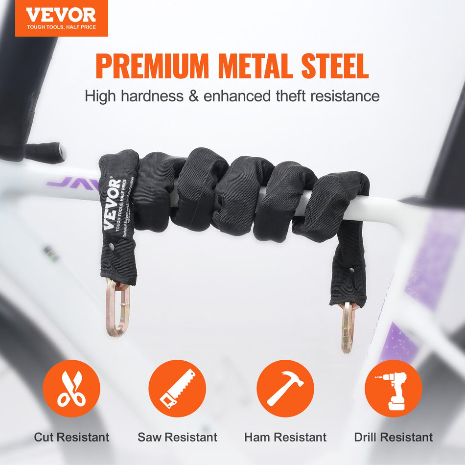 VEVOR Bike Chain Lock, 5.91 Ft Security Bicycle Chain Lock, Heavy Duty Metal Steel Anti-Theft High Security Bike Locks, Perfect for Bike, Motorcycle, Scooter, Bicycle, Door, Fence, Gate, 9.5mm, Black